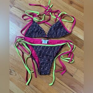 Fendi Brown Logomania Bikini with Pink and Neon Green Trim